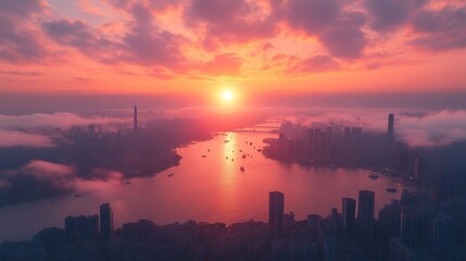 Naklejka premium Sunset Over Urban Landscape with River and Skyscrapers