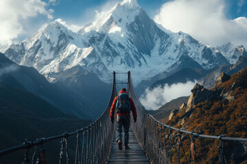 Man briskly walking on a mountain suspension bridge, surrounded by vast peaks and lush greenery.