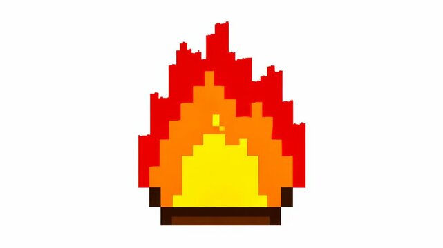 Pixel art flame icon with red and yellow fire in retro 8-bit style on white background for game design
