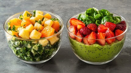 Two vibrant fruit and vegetable salads in glass bowls.