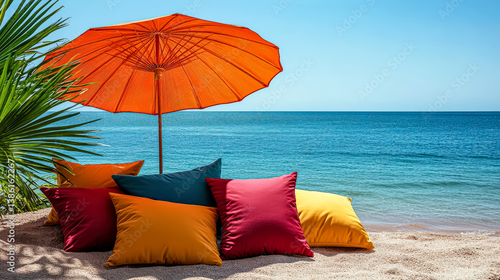 Poster beach scene with a large orange umbrella and several colorful pillows. scene is relaxed and inviting