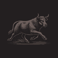 Obraz premium Angus Cattle Vector Illustration – Vintage Retro Logo Design on Black Background
