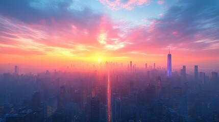 Sunset Over a Modern Cityscape with Vibrant Skies and Illuminated Structures