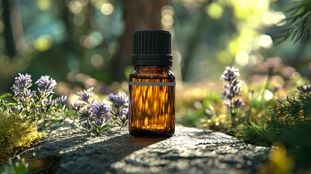 Amber essential oil bottle nestled in forest, natural light, wellness, aromatherapy