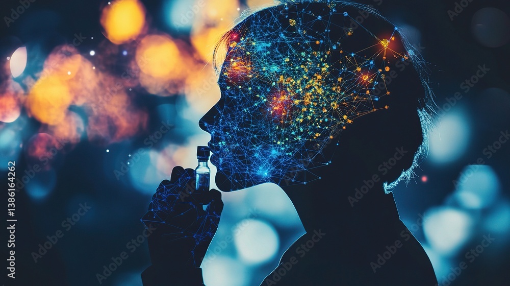 Poster silhouette of scientist examining vial with abstract background