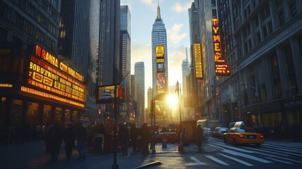 Obraz premium Sunset in a bustling urban landscape with vibrant billboards and towering skyscrapers capturin