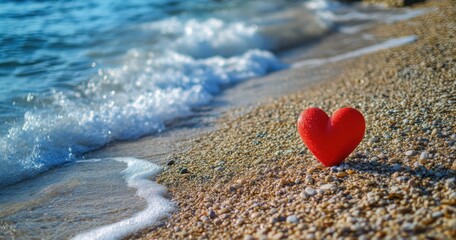 Fototapeta premium Red heart on sandy beach with gentle waves, symbolizing love and tranquility.