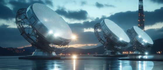 Futuristic satellite dishes reflect the evening sky.
