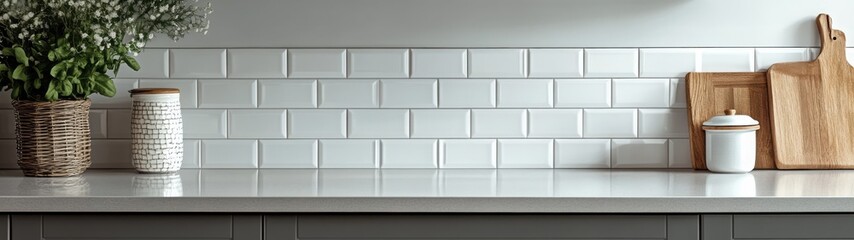 Modern kitchen countertop with plants, jars, and cutting boards against subway tile backsplash.