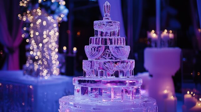 Illuminated tiered ice sculpture resembling a cake at a wedding reception.