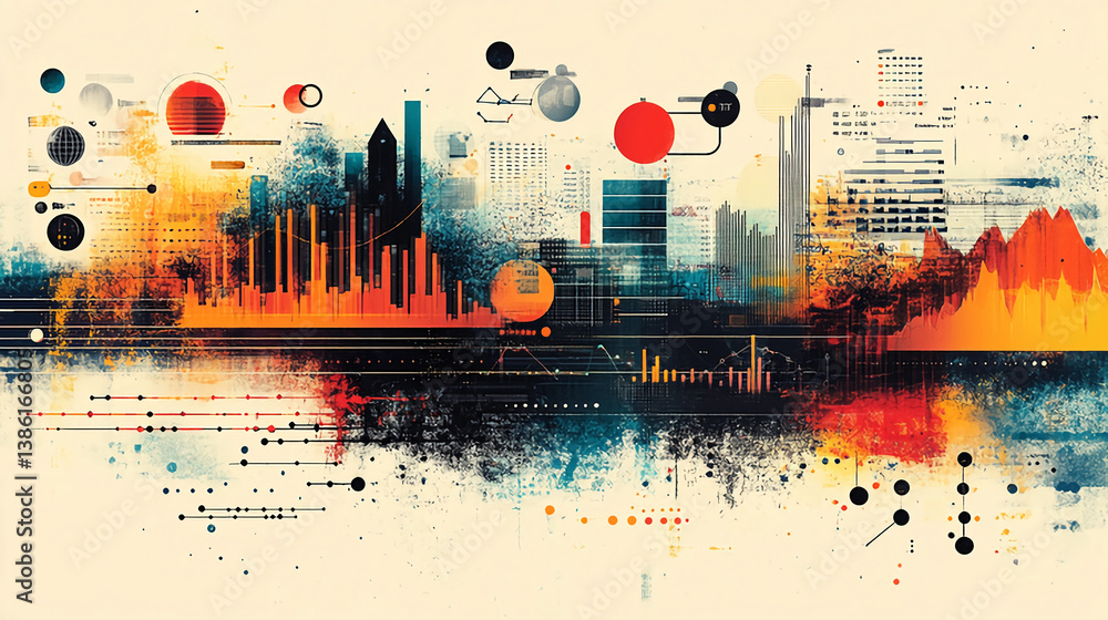 Poster abstract cityscape data analysis visualization with colorful charts and graphs illustration art