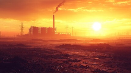 Fototapeta premium Sunset over industrial landscape with pollution.