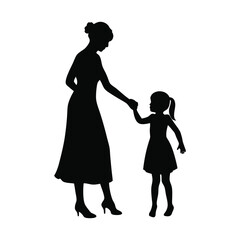 Vector silhouette of a mother holding hands with her young daughter. A heartwarming family design ideal for Mother's Day, parenting, and family-themed projects.

