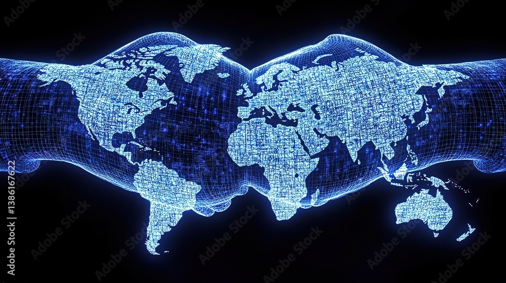 Poster global networking concept with business hands shaking in digital style