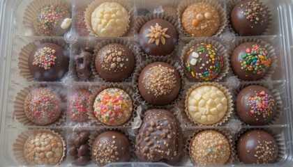 Assorted Gourmet Chocolate Truffles in a Clear Plastic Box