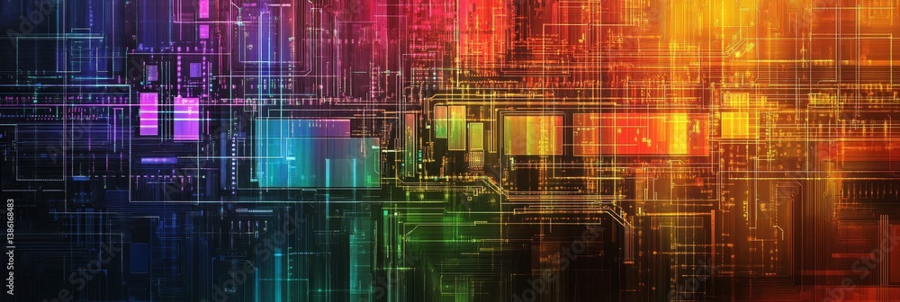 Poster abstract circuitry - vibrant abstract depicting complex circuitry and data flow, ideal for technolog