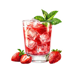 Strawberry cocktail. Fresh summer cocktail, lemonade with strawberries and mint. Hand drawn illustration isolated on white background