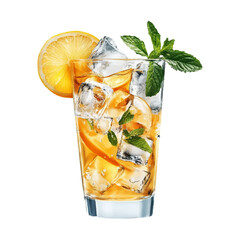 Orange lemon fresh lemonade with ice in a glass. Carbonated drink, fruit drink, cold summer soft drink
