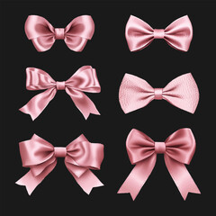 Set of decorative pink bows isolated on a dark background. Vector illustration