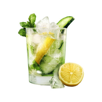 Glass of Lemon Cucumber Cocktail with mint and ice. Tasty fruit smoothie tropical cocktail or lemonade. illustration isolated on white background