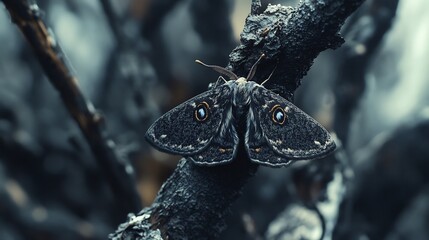 Image of peppered moth blending into soot covered tree set highly industrialized landscape visible pollution moth survival enhanced coloration demonstrating effect of natural selection changing