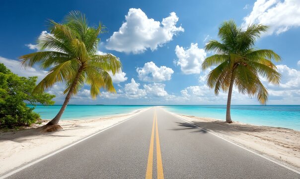 Summer beach road leading to ocean horizon with palm trees on each side and sunlight reflections