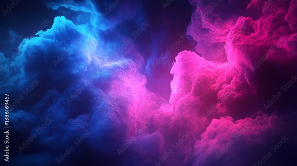 Poster abstract neon cloudscape - vivid pink and blue clouds illuminated, creating a dramatic and colorful 
