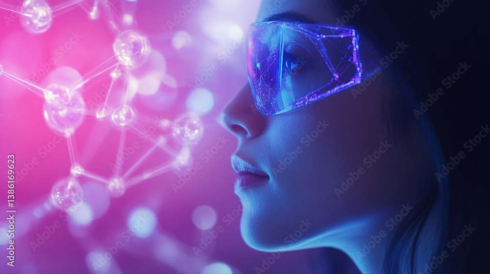 Poster advanced scientist analyzing futuristic drug formulation concepts