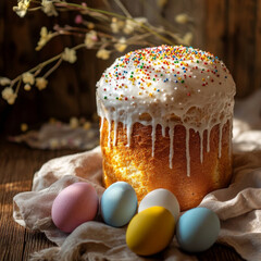 Easter still life. Easter cake with  with  icing and colored eggs on a rustic wooden table with a minimalist linen napkin