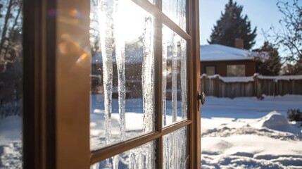 Icicles forming on a frosty window pane in winter.