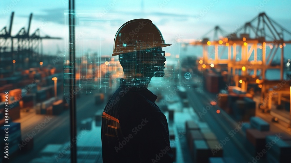 Aufkleber engineer in hardhat utilizing digital twin technology at dock