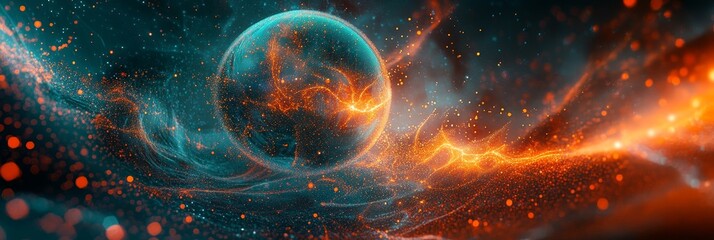 Obraz premium Abstract Sphere Landscape - Symbolizing cosmic energy, vibrant creation, artistry, ethereal beauty, and boundless imagination. A glowing sphere within a dynamic, colorful nebula