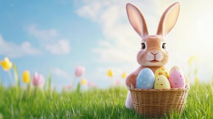 Adorable Easter Bunny in Spring Meadow - A cute bunny holds a basket of colorful Easter eggs in a sunny spring meadow. Symbolism: new beginnings, spring, hope, joy, celebration