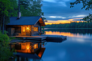 Fototapeta premium A cabin on a lakeshore as the sun sets, casting a warm glow over the serene waters, surrounded by tall trees creating a peaceful and picturesque scene.