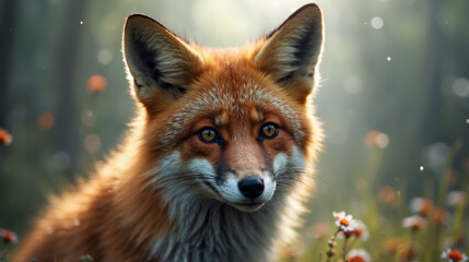 Obraz premium Close-up of a fox with a blurred forest background and flowers