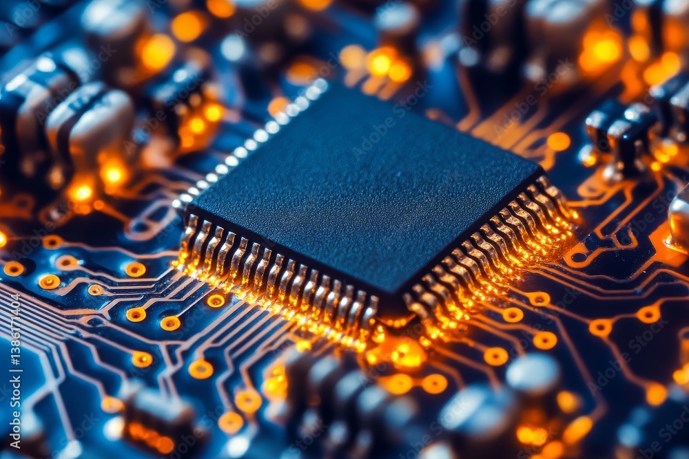 Poster advanced microchip technology - close-up view of a microchip on a circuit board, showcasing intricat