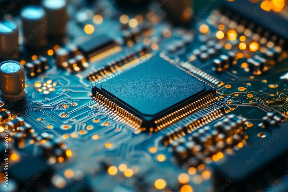 Poster advanced microchip technology - close-up view of a sophisticated microchip on a circuit board, highl