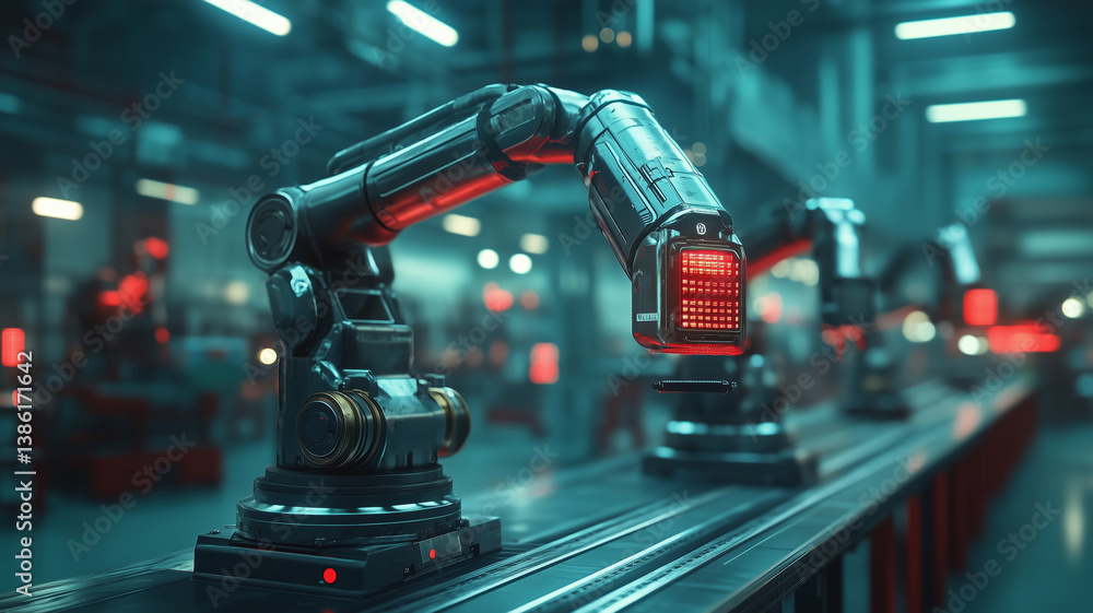Poster modernized robotic arms enhancing smart industrial workflows in a factory