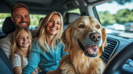 Family weekend adventure on the road with their beloved golden retriever