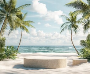Tranquil beachfront scene with palm trees and clear sky.