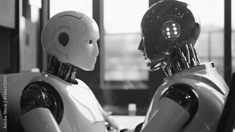 Poster ai collaboration: robotic partnership - two robots engage in a collaborative discussion, symbolizing