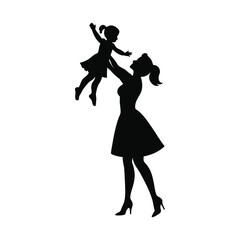 Vector silhouette of a joyful mother lifting her daughter in the air. A heartwarming moment symbolizing love, care, and the special bond between mother and child.