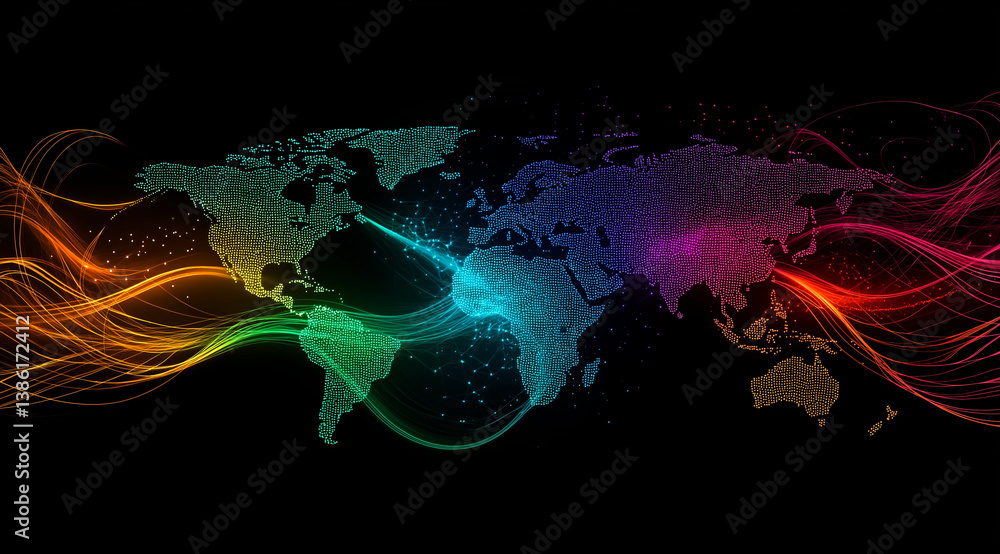 Poster original technological background with a neon world map and neural networks that depict the flow of 