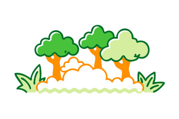 Obraz premium Cartoon Trees In A Green Field On Black Background Vector Illustration