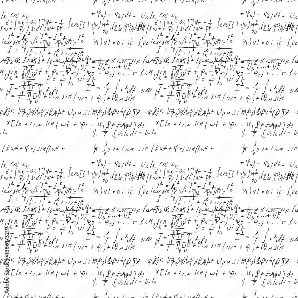 Poster math seamless board with handwritten mathematical and physics formulas and proves. vector