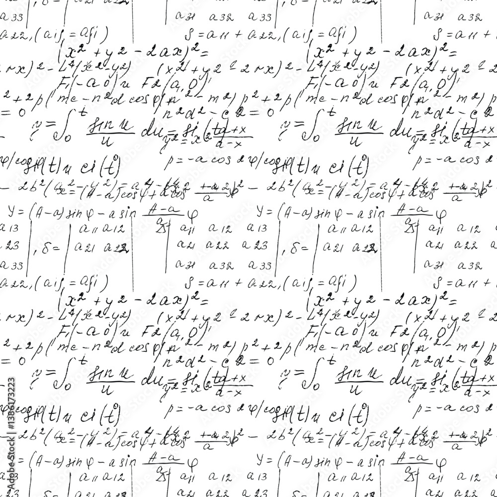 Poster math seamless board with handwritten mathematical and physics formulas and proves. vector