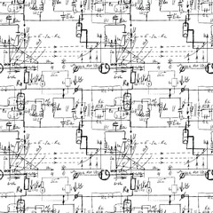 Scientific seamless texture with handwritten formulas and electronic components. Physics and schematic diagram and circuit of the devices. Vector.