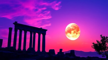 Obraz premium Ancient Ruins Under a Full Moon - Silhouette of ancient columns at sunset with a large, bright full moon in the sky. Serene and mystical atmosphere