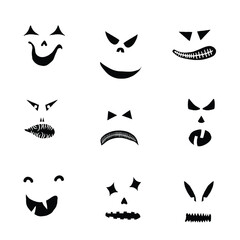 Monsters and creatures carving templates emotion face for Halloween Holidays. Cartoon faces, expressive eyes and mouth, smiling, crying face expressions. Caricature doodle. Isolated Vector.