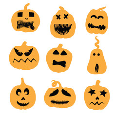 Pumpkin heads for Halloween emotions faces and spooky horror set. Halloween character design and pumpkins funny faces for carving and cut outs. Autumn holidays. Carved faces silhouettes. Vector.